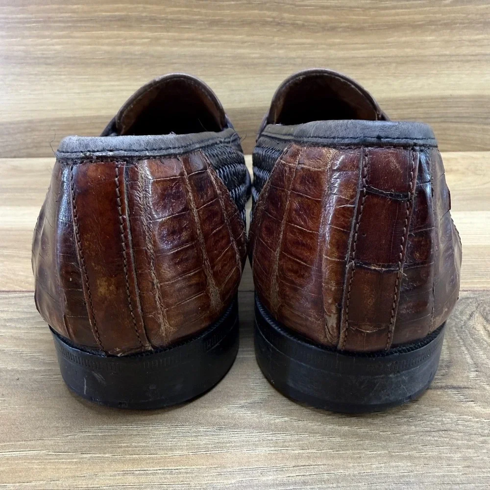 Belvedere Crocodile Woven Penny Loafers Mens 8.5 M Brown Black Slip On Modern